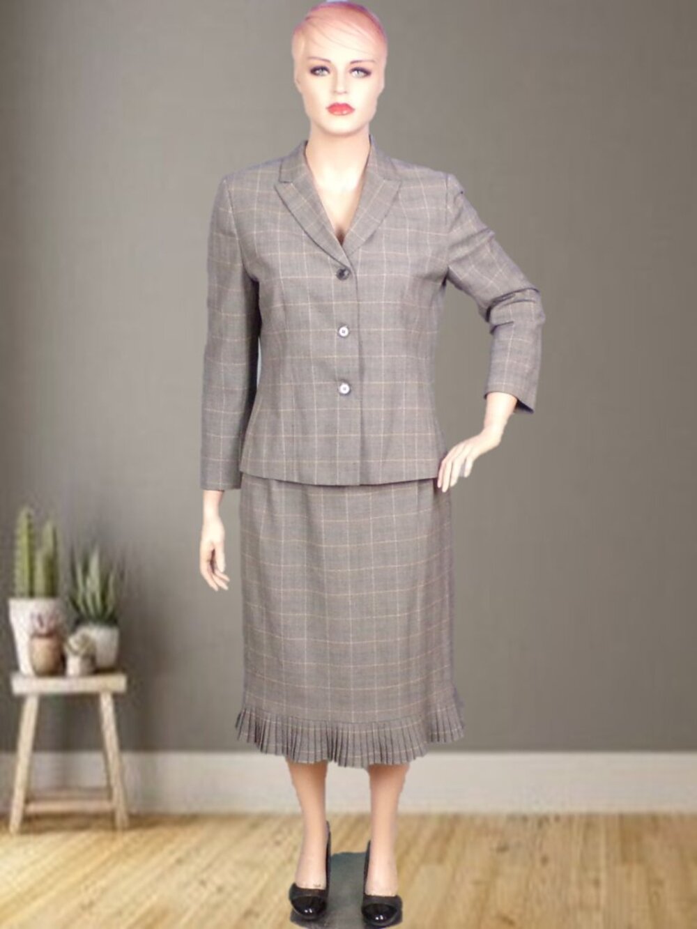 EVAN-PICONE size 18 gray/beige/green glen-plaid 2-piece siut jacket/skirt